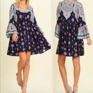 Umgee Printed Floral Babydoll Boho Mini Dress